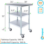 AmGood Stainless Steel Work Table with 2 Shelves and Casters (Stainless Steel Work Table with 2 Shelves + Casters, 24" Long x 30" Deep)