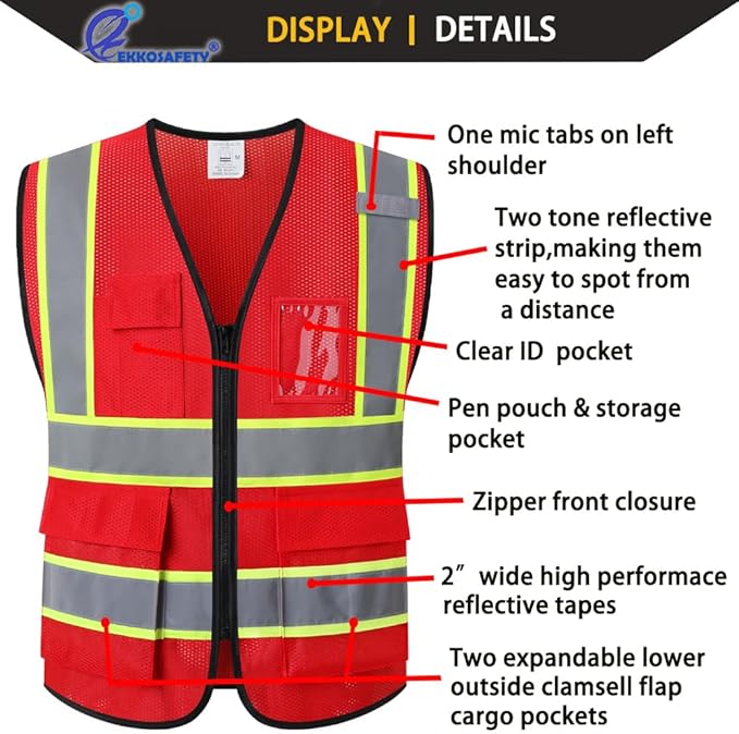 Reflective Mesh Safety Vest for Men Women with 5 Pockets and Zipper Front High Visibility Vest Hi Vis Construction Work Vest,Meets ANSI/ISEA Standards(EK175-Red-XL)