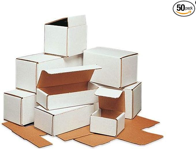 Secure Seal Shipping Boxes - 3x2x2" Mailers - White Foldable Corrugated Cardboard Packaging for Mailing, Moving, Storage, and Organizing - Strong Lightweight Foldable (Bulk 50 Pack)