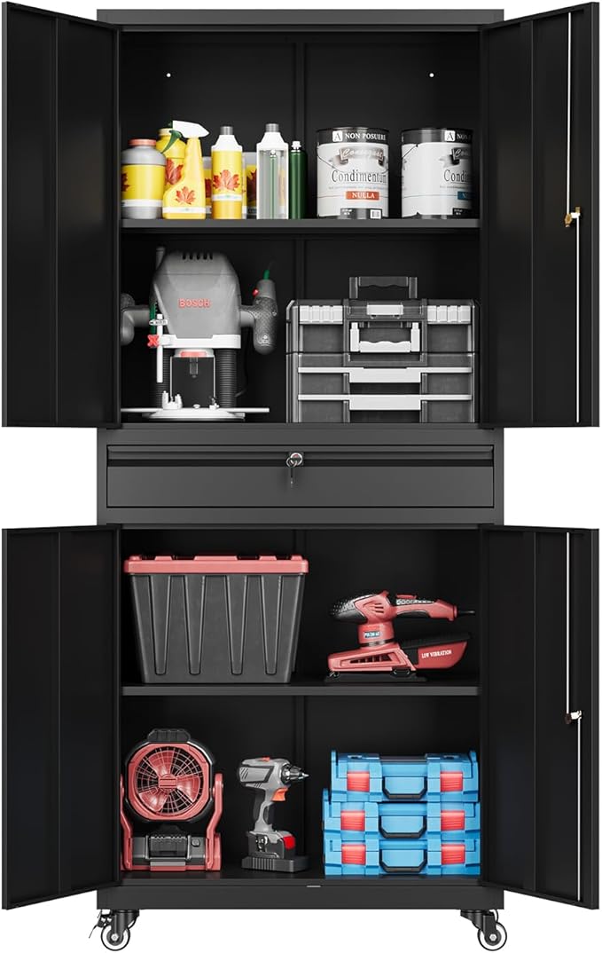 73" Metal Cabinet-Black Heavy Duty Rolling Storage Cabinet Steel Tool Cabinets with Wheels, Shelves, Lockable Doors and Drawers- for Garage, Pantry, Warehouse Home Office- Assembly Required