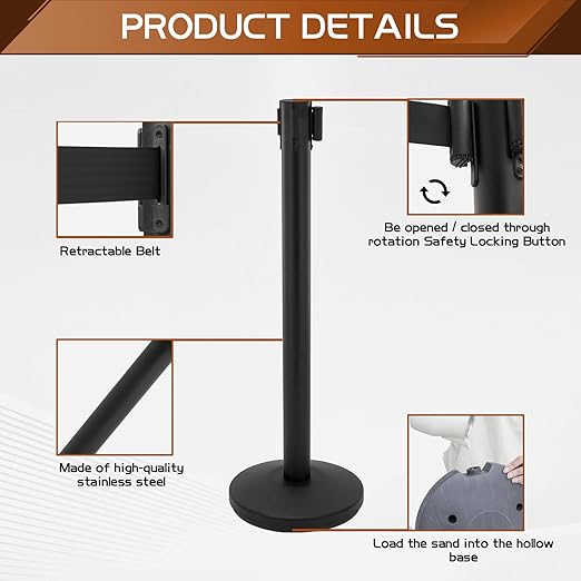 Stanchions with Retractable Belts, 6 Pieces Crowd Control Barrier, Stanchion Posts Set with 6.6 ft/2 m Retractable Belt Barrier Used for Theaters, Parties, Wedding, Exhibition
