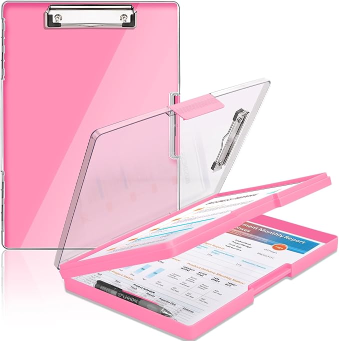 Clipboard with Storage,Heavy Duty Clip Boards 8.5x11 with 2 Storage Case,Clear Visible Top Panel Storage Clipboards,Side Opening Clip Boards,Nursing Clipboard Folder Case for Office Supplies-Pink