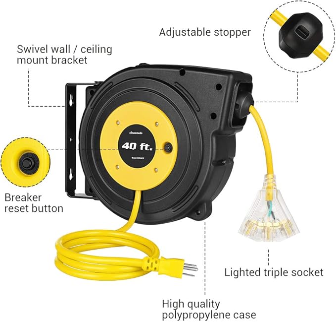 DEWENWILS 40FT Retractable Extension Cord Reel, Heavy Duty Power Cord Reel with 3-Lighted Triple Outlets, 12AWG/3C SJTOW Cord, 15A Circuit Breaker, Wall/Ceiling Mounted, UL Listed, Yellow