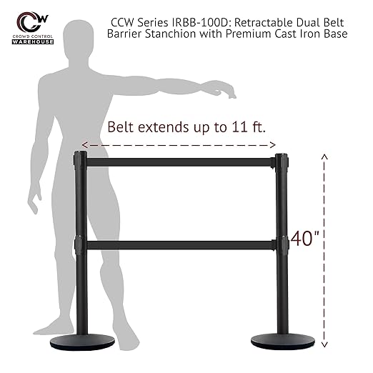 Crowd Control Warehouse CCW Set of 2 Dual Retractable Belt Barrier Stanchion, Cast Iron Base Black Post, IRBB-100D (9 Belt, RED with"NO Entry" White Letters Belt)