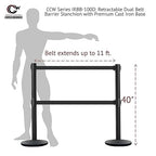 Crowd Control Warehouse CCW Set of 2 Dual Retractable Belt Barrier Stanchion, Cast Iron Base Black Post, IRBB-100D (9 Belt, Light Brown Belt)