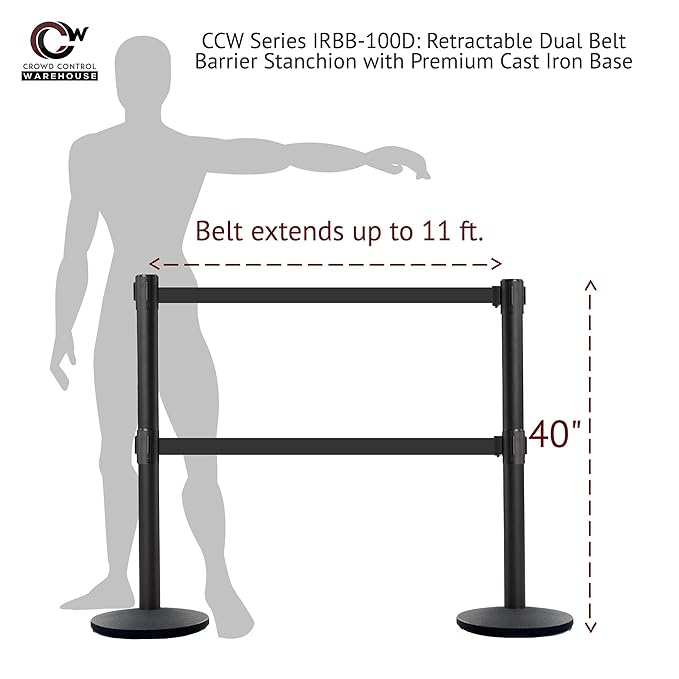 Crowd Control Warehouse CCW Set of 2 Dual Retractable Belt Barrier Stanchion, Cast Iron Base Black Post, IRBB-100D (9 Belt, Yellow with"Danger - Keep Out" Black Letters Belt)