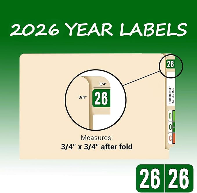 500 Pcs 2026 Year Stickers, Waterproof File Folder Labels, Self-Adhesive Rectangle Tabs for End Folders and Envelopes, Number Tabs, Office and Home Supplies (Green)