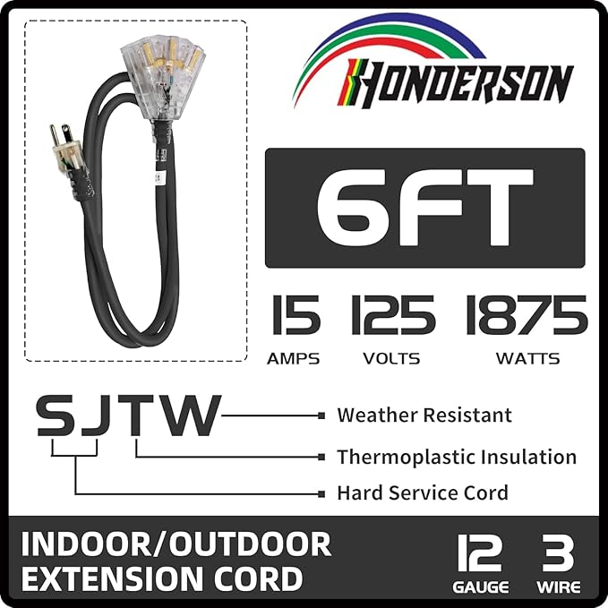 3-Outlets Indoor Outdoor Extension Cord Weatherproof with Lighted End, UL Listed, 12 Gauge 6FT Black 3 Prong Heavy Duty, 12/3 SJTW 15A Power Cord