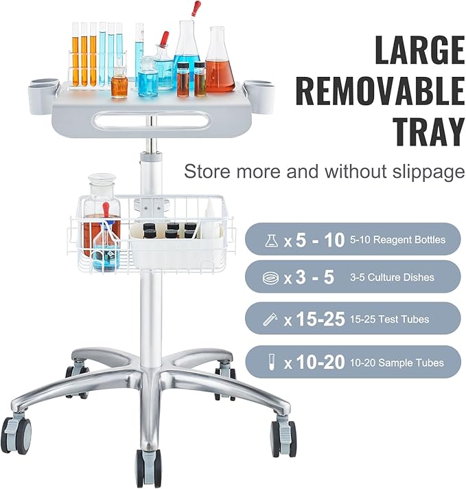 VEVOR Medical Cart, Salon Cart with Wheels, Mobile Trolley Cart 26.77"-42.91" Height Adjustable, Metal Salon Stations for Hair Stylist, Rolling Desktop Lab Cart for Clinic, Beauty and Salon