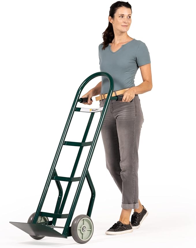HaulPro Heavy Duty Hand Truck with Double-Grip Handle - Steel Dolly Cart for Moving - 800 Pound Capacity - 8" - Rubber Wheels - 50" H x 18.5" W with 14" x 9.5" Nose Plate - Green