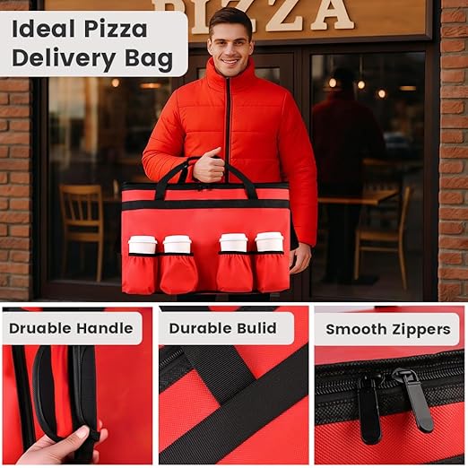 Insulated Food Delivery Bag with 4 Cup Holders, XXX-Large Insulated Grocery Bags Keep Food Hot/Cold, Cooler Bags with Drink Carrier, Food Carrier Catering Bag, Commercial Food Warmers, Red