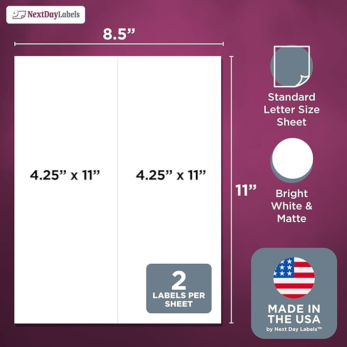 NextDayLabels – 4-1/4" x 11" Rectangular Sticker Labels for Printer - White Laser/Inkjet Printer Labels Return Address Labels Shipping Label Stickers (1000 Sheets, 2 Per Sheet, 2000 Labels)