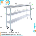 AmGood Stainless Steel Work Table with 2 Shelves and Casters | Metal Utility Table On Wheels (Stainless Steel Work Table with 2 Shelves + Casters, 72" Long x 18" Deep)