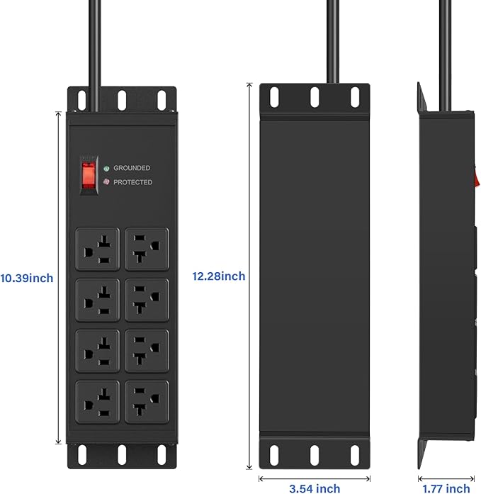 CCCEI Black Heavy Duty Power Strip Surge Protector 20 AMP, 8 Outlets 12 Gauge Industrial Shop Garage Metal Multiple Outlets, 20 FT Extension Cord 5-15P Adapter High Amp 6-20R T-Slot 20a for Appliance