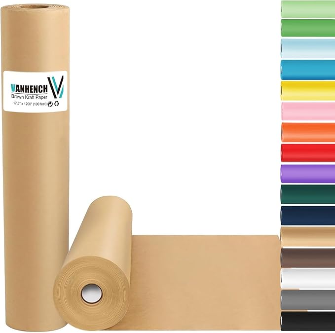 Vanhench Brown Wrapping Paper Roll, Craft Kraft Packing Paper 17.5"x 1200"(100') for Birthday Gift Bulletin Board Arts Bouquet Flower Table Covering Poster Shipping Christmas Supplies 70GSM 50LB