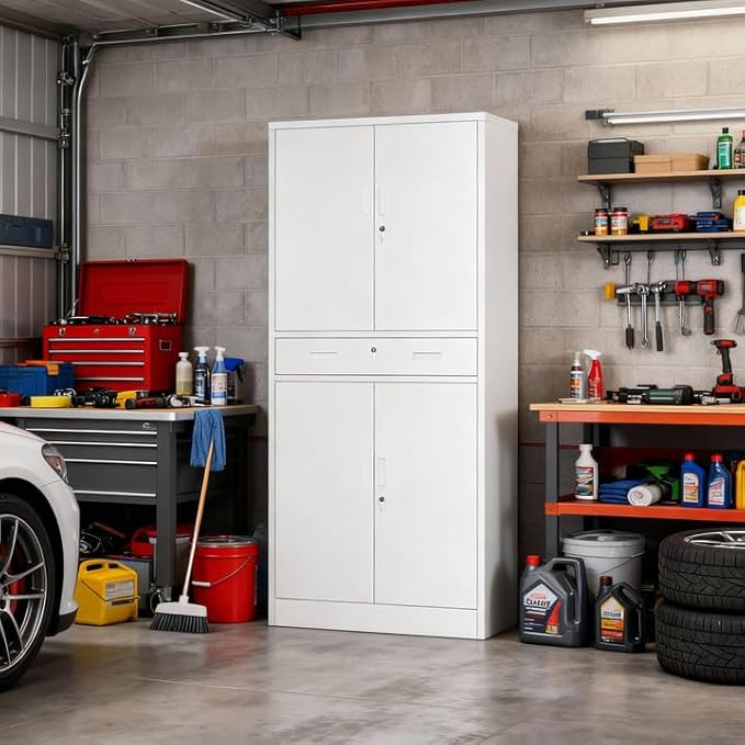 Metal Storage with 1 Drawer, 71" Cabinet with 4 Locking Doors and 2 Adjustable Shelves, Steel Storage File Cabinet for Pantry, Kitchen, Office, Garage (White)