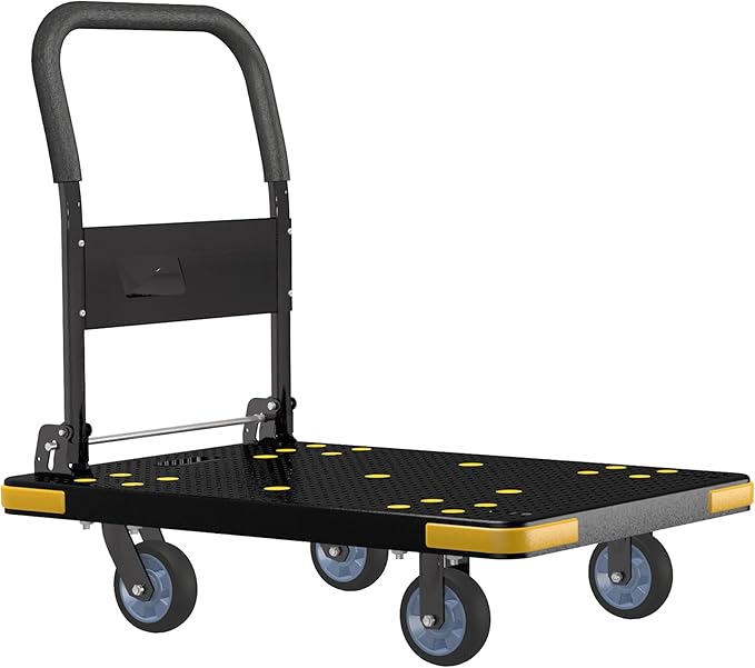 Medium-Duty Foldable Platform Cart with 4 Wheels & 1323LB Capacity - 2 Swivel & 2 Fixed Wheels, Compact Push Cart Dolly Black Plastic Trolley, 5-Inch Wheels, Spare Tire & Anti-Collision Corners