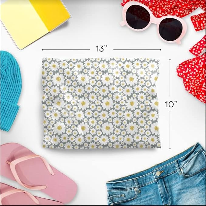 10x13 Poly Mailers – Daisy Floral – Waterproof, Tear-Resistant Shipping Bags with Adhesive Seal – 100 Pack – Package Mint
