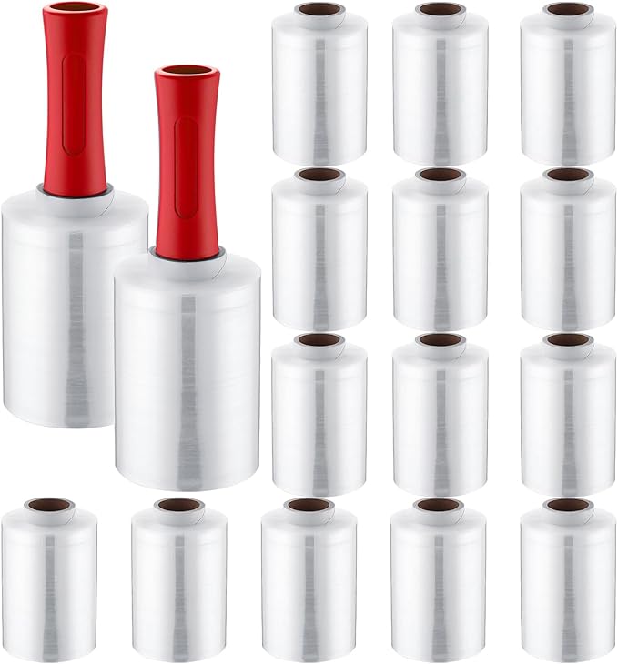 Jutom 16 Pcs Stretch Wrap Roll Plastic Wrap for Moving with 2 Handles 5" x 1000 ft Packaging Shrink Film Self Adhering Shipping Supplies for Moving Furniture Pallet (Clear, Red)