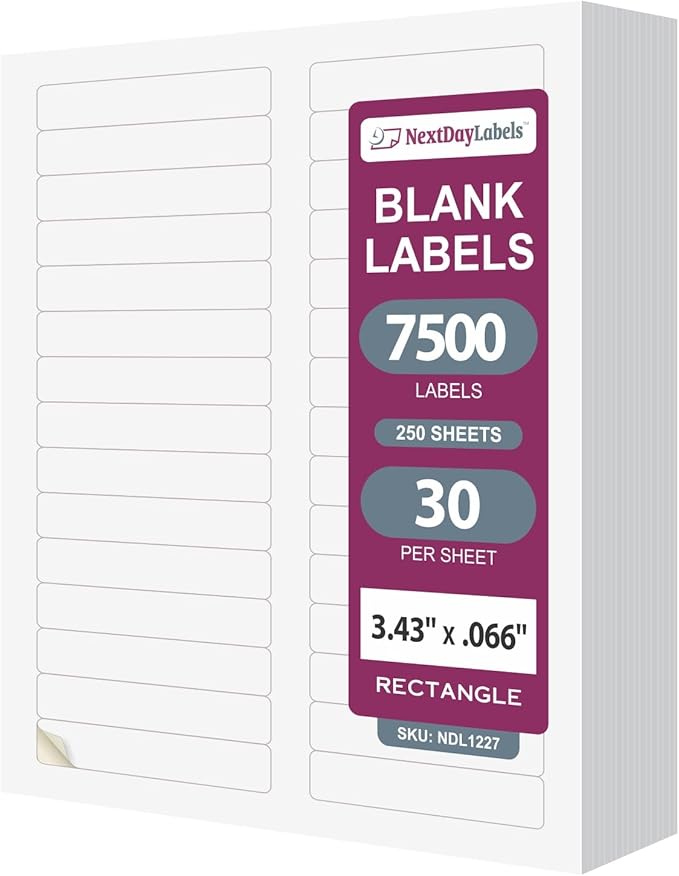 NextDayLabels - 3-7/16" x 2/3" Rectangular Sticker Labels for Printer - White Laser/Inkjet Printer Labels Return Address Labels Shipping Label Stickers (250 Sheets, 30 Per Sheet, 7500 Labels)