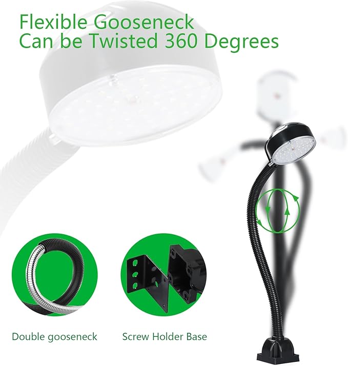 20W LED Work Light with Flexible Gooseneck, 2000 Lumens 6500K 110V US Plug, Screw Holder Base, LED Machine Lathe Light for Work Bench, Sewing Machine, Lathe Workbenches