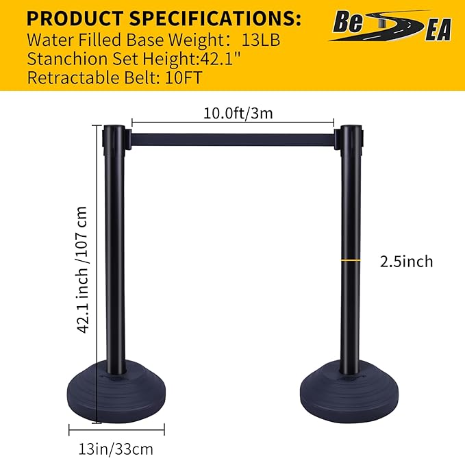6PACK BESEA Crowd Control Stanchions with 10 FEET Retractable Belts, Water Filled Base Weighted Barriers Black Post