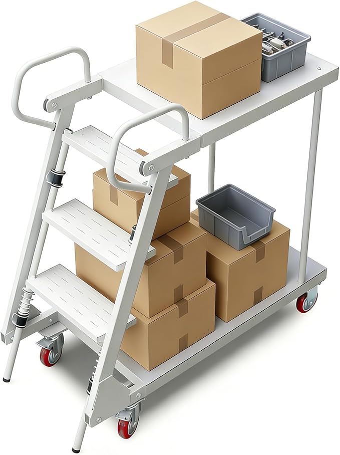 Heavy Duty Platform Truck Cart, Multi-Purpose Utility Dolly w/Handrails, Flatbed Cart with Support Bars 660Lbs Capacity, Extra Large Utility Cart w/Wheels, for Climbing for Grocery (White, 660lbs)