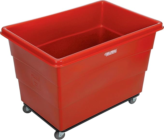 Global Industrial 20 Bushel Plastic Bulk Box Truck, Steel Chassis Base, 1200 lbs. Capacity, 4" Non-Maring Rubber Casters, Red, 50-2/5"L x 34-3/5"W x 35-3/5"H