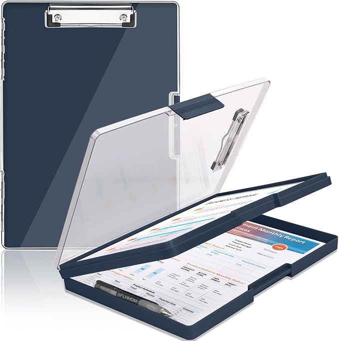 Clipboard with Storage,Heavy Duty Clip Boards 8.5x11 with 2 Storage Case,Clear Visible Top Panel Storage Clipboards,Side Opening Clip Boards,Nursing Clipboard Folder Case for Office Supplies-Grey Blue