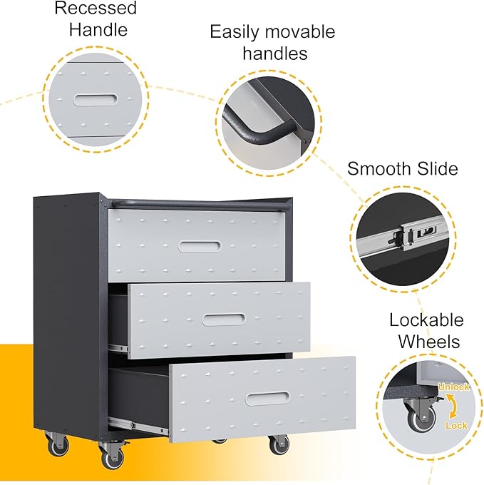 3 Drawers Metal Tool Storage Cabinet with Wheels, Rolling Tool Chest on Locking Wheels & Handle, Garage Cabinet, Heavy Duty Tool Cart, Mobile Steel Locker for Home,Workshop, Black & Grey