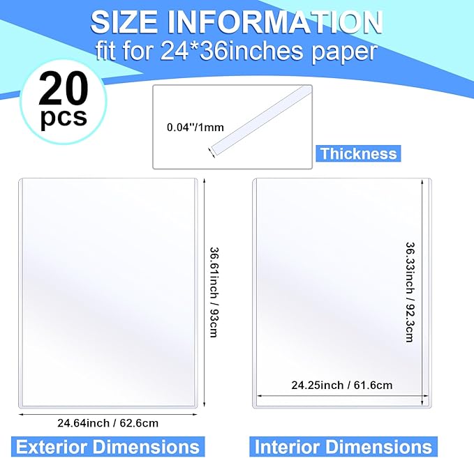 Sherr 20 Pcs Rigid Print Protectors Fit 24 x 36 Inch Poster Paper, Top Loading Page Protectors Plastic Poster Sleeves PVC Clear Sheet Holder to Display Photo Document Magazine Certificate