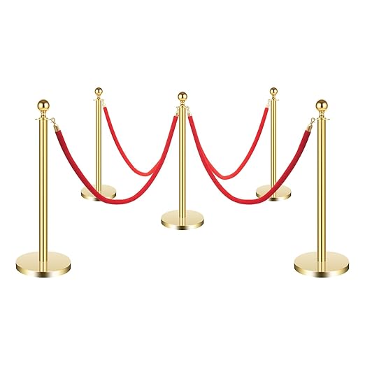 6Pcs Gold Stanchion Posts with Red Velvet Ropes, Crowd Control Barriers, Stainless Steel Queue Poles with 4-Way Connectors & Fillable Weighted Bases for Events, Parties & Venues