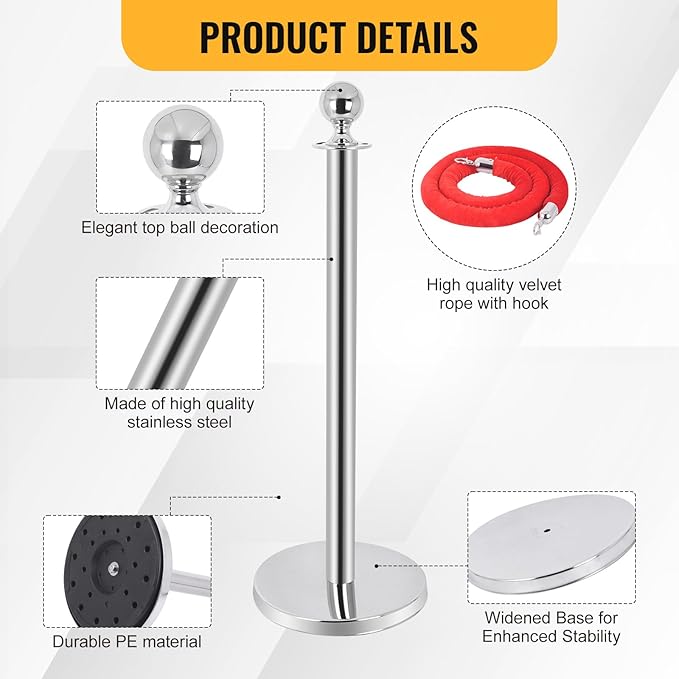 6PCS Stainless Steel Stanchions Post w/ 4 Red Velvet 5ft Carpet Ropes - Hollow Base for Red Carpet Queue - Crowd Control Barriers Ideal for Party, Wedding, Hotels, Exhibitions - Silver