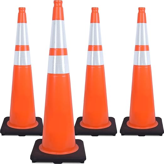 Fluorescent Orange/Green PVC Traffic Cones, Heavy Black Base Parking Lot Cone Structurally Stable Weatherproof Road Construction Safety Cones (4, Orange, 36" Extra Large)