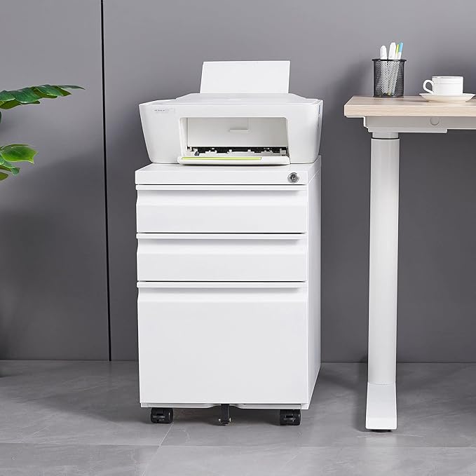 3 Drawer File Storage Cabinet, File Cabinets for Home Office, Metal Rolling Filing Cabinet, Locking File Cabinet for A4/Letter/Lagal Size, Fully Assembled, Matte White