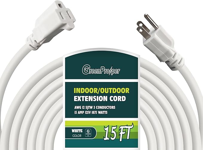 15 FT 12 Gauge Extension Cord Outdoor, Heavy Duty Weatherproof & Flame Retardant Black 3 Prong Power Cord, Outside for Garden & Lawn, 15 Amps 1875 Watts 125 VAC 12AWG SJTW, UL Listed