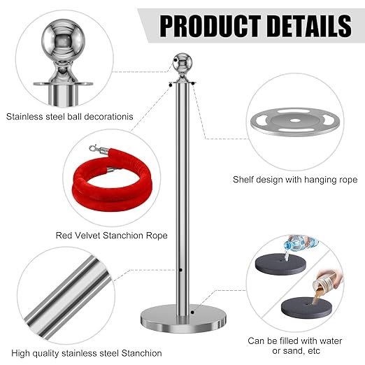 kaiyomi 6Pcs Stanchions with Red Velvet Ropes Set, 5 Feet Velvet Ropes and Posts Poles for Red Carpet Party Decoration and 360° Photo Booth (Silver)