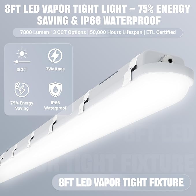 JTT 8FT LED Vapor Tight Light 120/100/80W Tunable, 18000lm LED Vapor Proof Lighting Fixture IP66, 5000K/4000K/3000K Outdoor Shop Light Waterproof for Parking Garage Car Wash Warehouse ETL Listed
