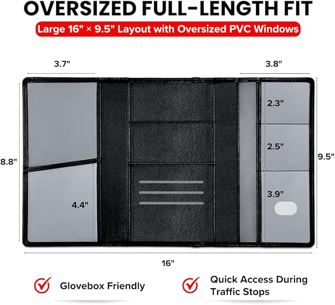 LINTRU Car Registration and Insurance Holder Trifold, Oversized Fit with Reinforced Construction, Matte PU Leather Vehicle Glove Box Organizer for Documents, Car Accessories for Men and Women