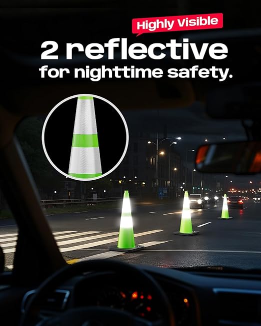 BATTIFE 28 Inch Traffic Cones with Black Weighted Base, PVC Green Safety Cones for Traffic Control, Construction Events, Driveways, and Parking Lots (6 Pack)