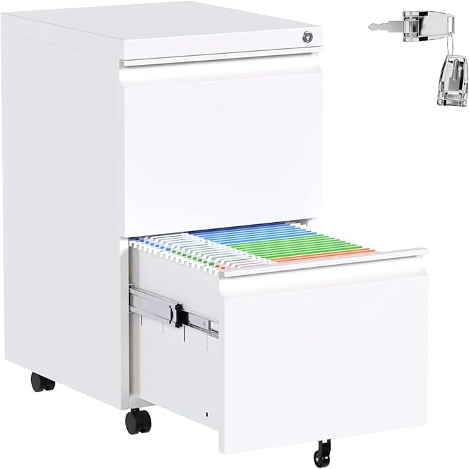 Aobabo 2 Drawer File Cabinet, Metal Filing Cabinet with Lock for Office Legal/Letter Size, White, Fully Assembled Except Wheels