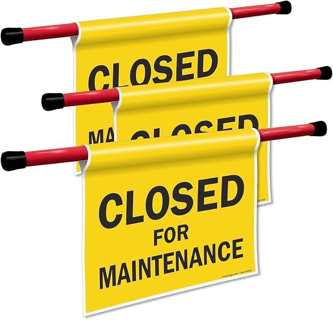 SmartSign 3-Pack 'Closed For Maintenance' Hanging Doorway Barricade Sign, Spring-loaded Adjustable Twist-To-Tighten Aluminum Pole & 11.25" x 18" Vinyl Safety Sign Kit, USA-Made