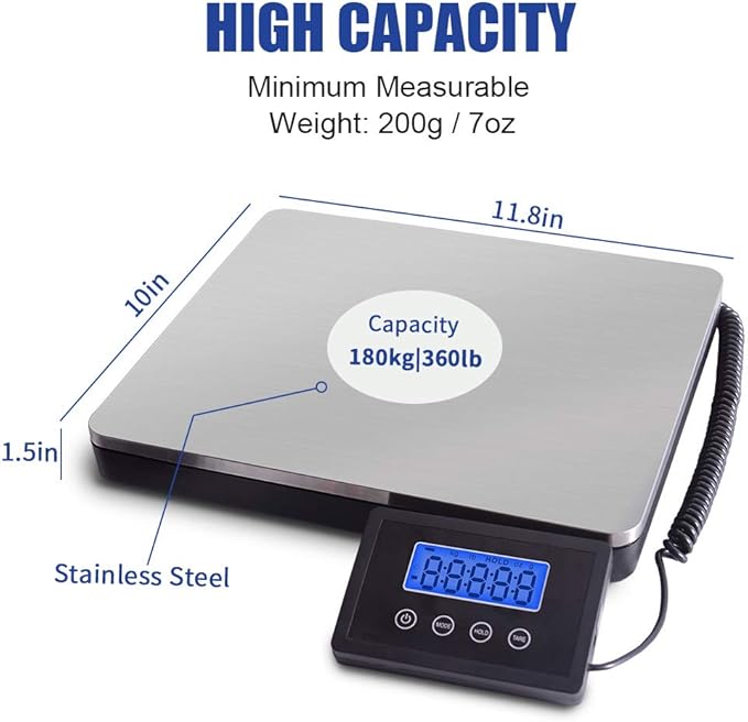 Fuzion Shipping Scale 360lb x 0.1lb, Stainless Steel Postal Scale with Timer/Hold/Tare, Digital Shipping Scale for Packages/Luggage, Battery & AC Adapter