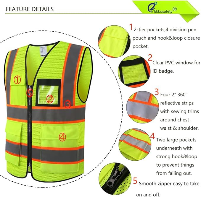 Reflective Mesh Safety Vest for Men Women with 8 Pockets and Zipper Front High Visibility Mesh Vest Hi Vis Construction Work Vest,Meets ANSI/ISEA Standards(EKH1-Yellow-L)