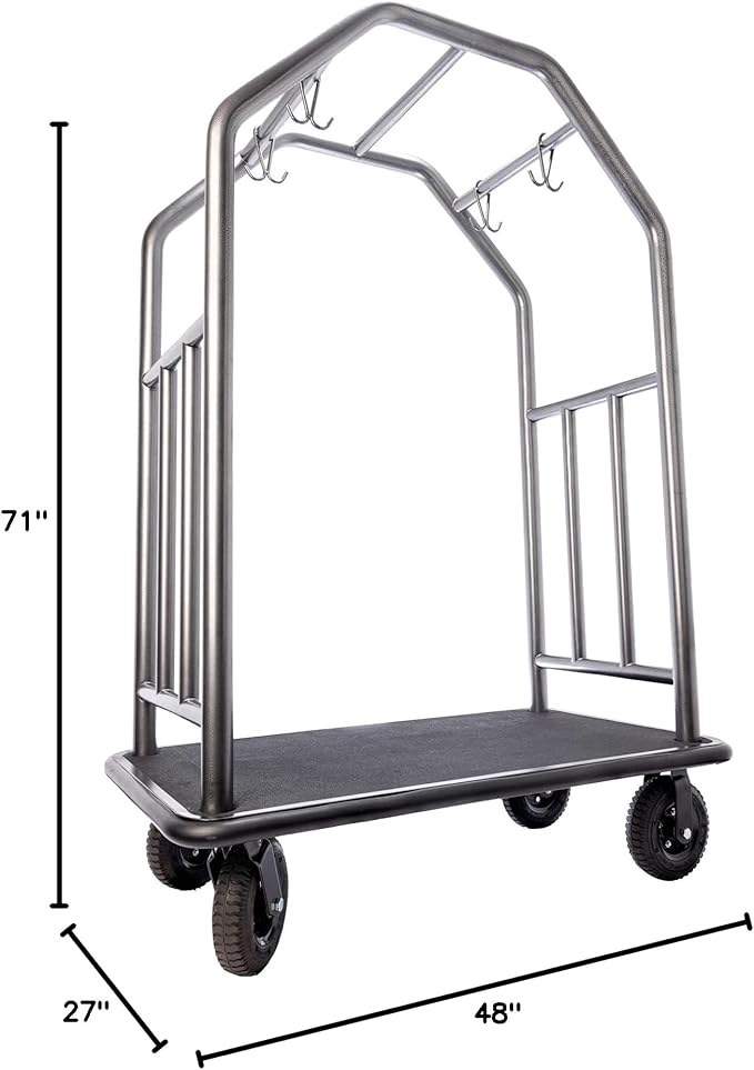 Coastal Luggage Cart Fully Assembled – All-Weather Resistant Stainless Steel Hotel Bell Cart w/Outdoor Rubber Deck & Air-Filled Tires, Trolley for Travel, Beachfront and Condo - 165 lbs (Hammertone)
