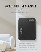 Uniclife Steel Key Cabinet Wall Mounted Organizer - 28 Keys, 2 Unlocking Keys - Black Frosted Security Box with Hooks and Color-Coded Labels