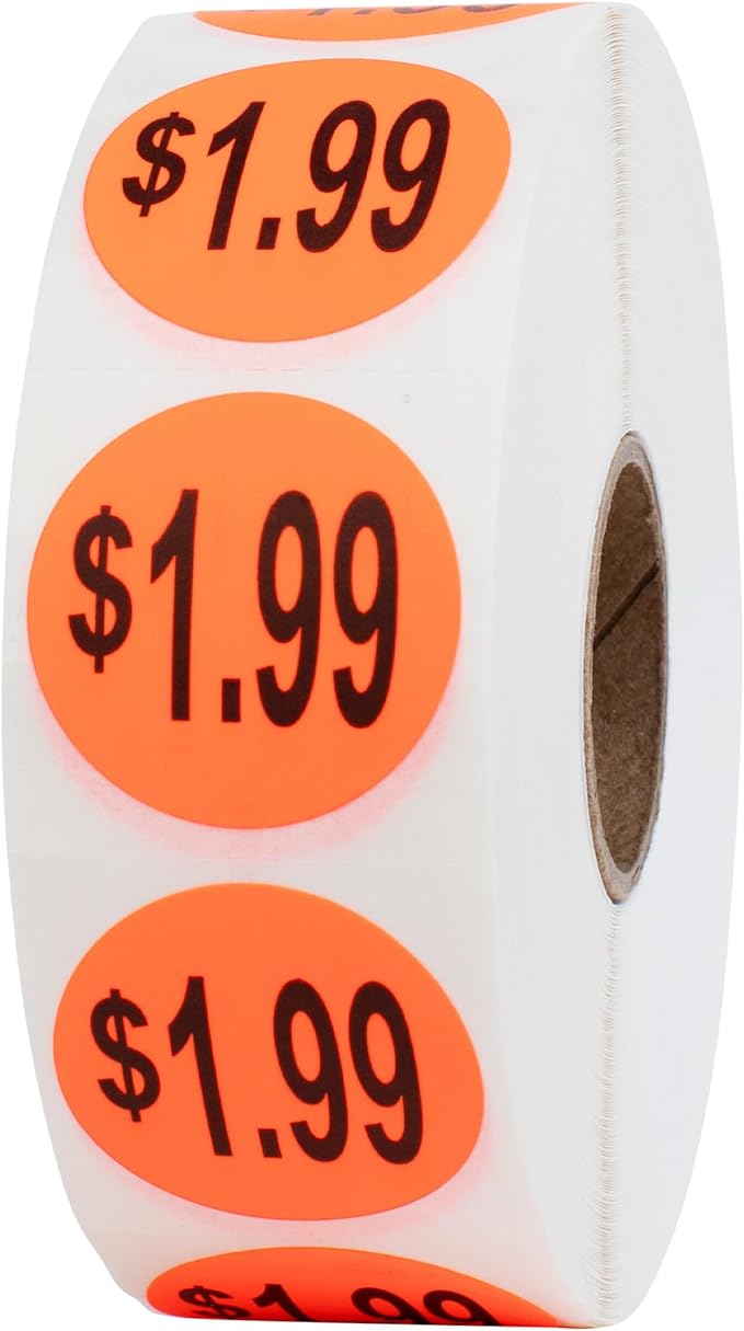 Perco Fluorescent Red 1-Inch Circle $1.99" Promotional Sale Labels—1,000 Stickers/Roll—Ideal for Retail Merchandising, Storefronts, Sales Events, Flea Markets, Discount Marking, Clearance—Made in USA