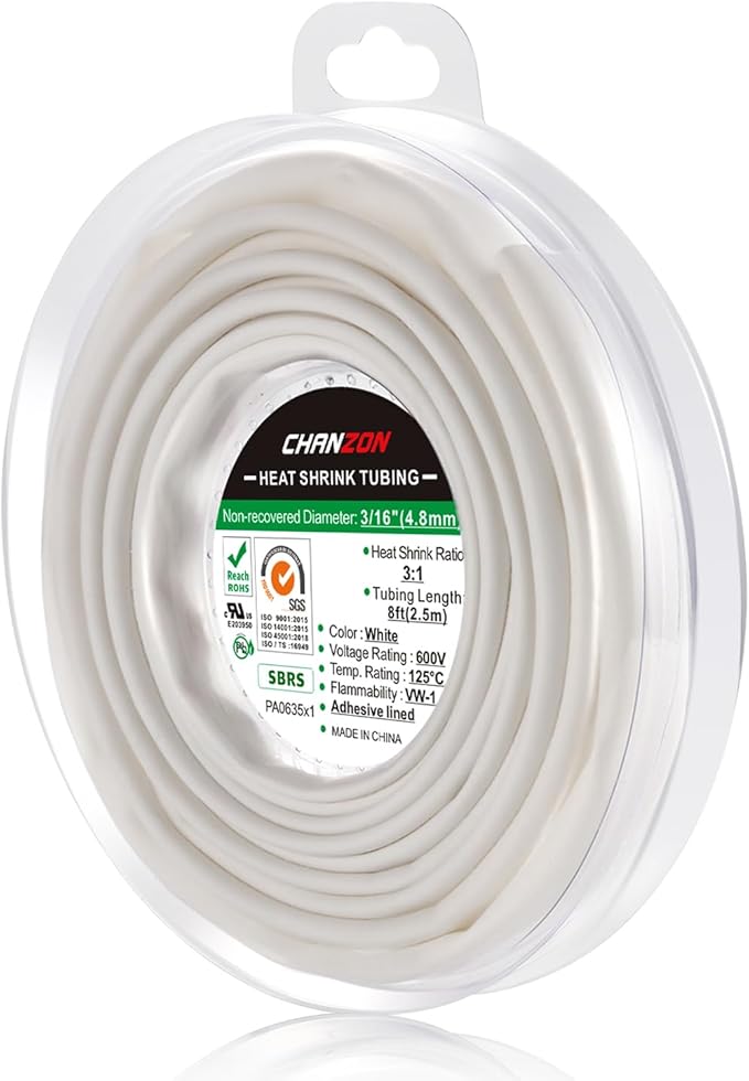Chanzon 3:1 Ratio 3/16" (4.8mm) Heat Shrink Tubing - Marine Grade Waterproof Adhesive Lined - 8Ft Roll (2.5M Total Length) White Polyolefin Sleeving Wrap Shrinking 3 to 1 Ratio 1pcs