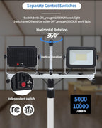 UFOND 10000 Lumen LED Work Light with Stand,Detachable Waterproof Dual Head Work Lights,Individual Switch Floodlight with TelescopingTripod,Work Lamp with Power Cord for Construction Site