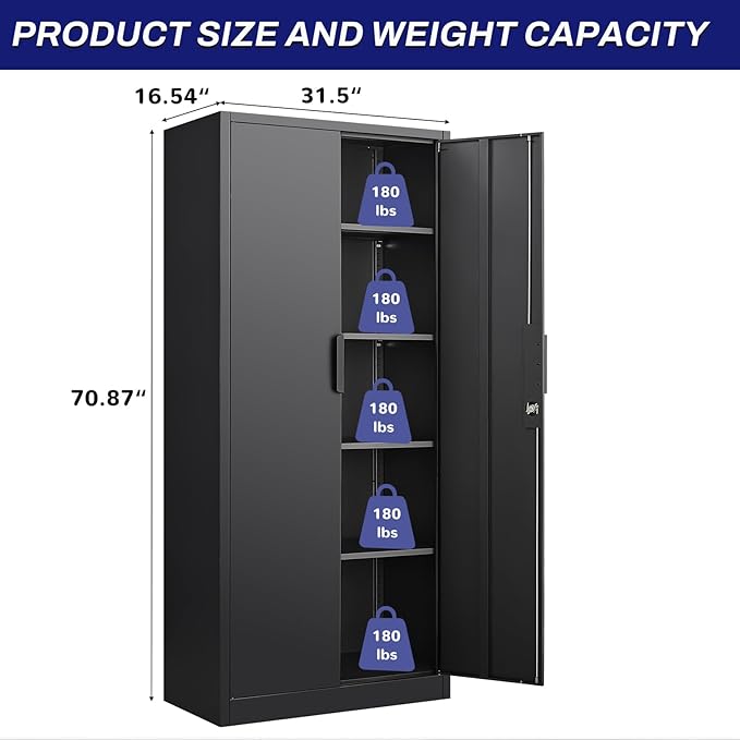 LUCYPAL Metal Storage Cabinet with Lock,70.8" H Black Garage Storage Cabinet with Doors and Shelves,Tall Locking Cabinets for Home Office,Garage,Warehouse